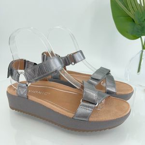 Vionic Metallic Gray Adjustable Strappy Platform Sandals